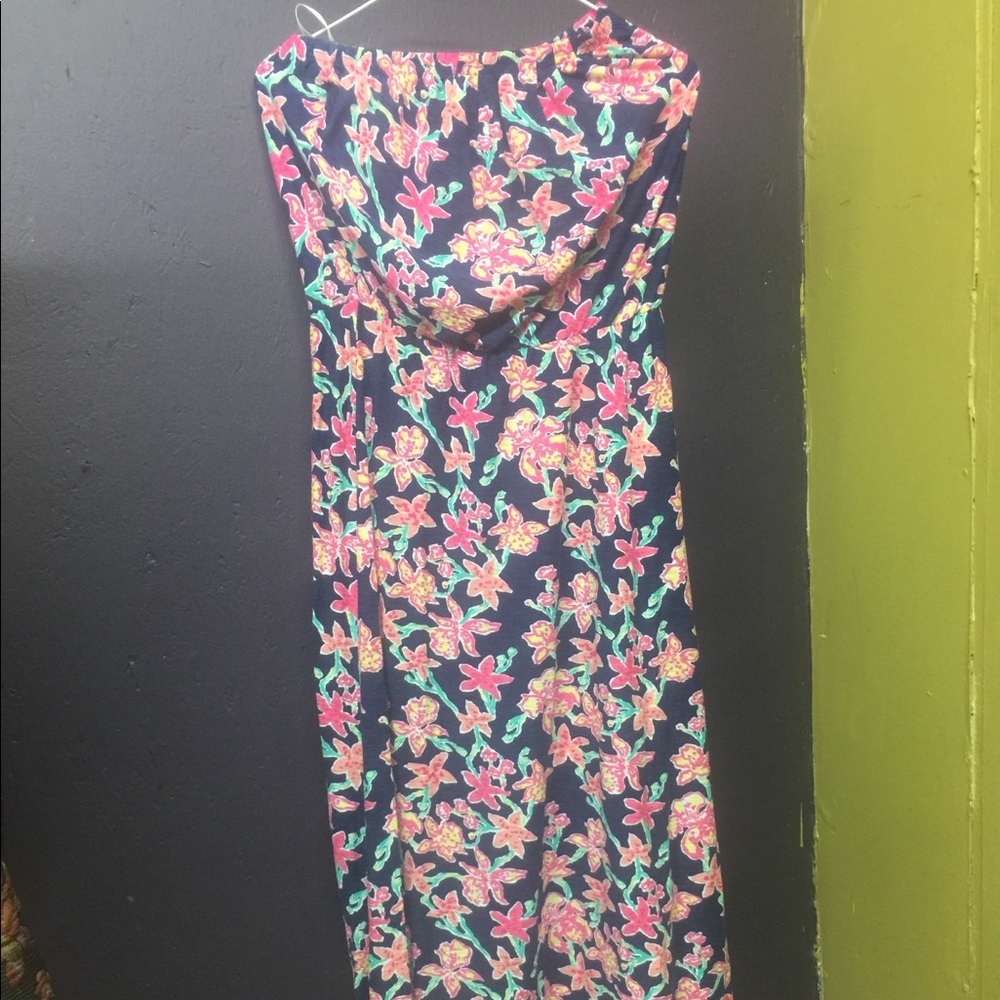 Lilly Pulitzer Navy Strapless Floral Maxi Dress with Pink and Green Flowers - Picture 3 of 6